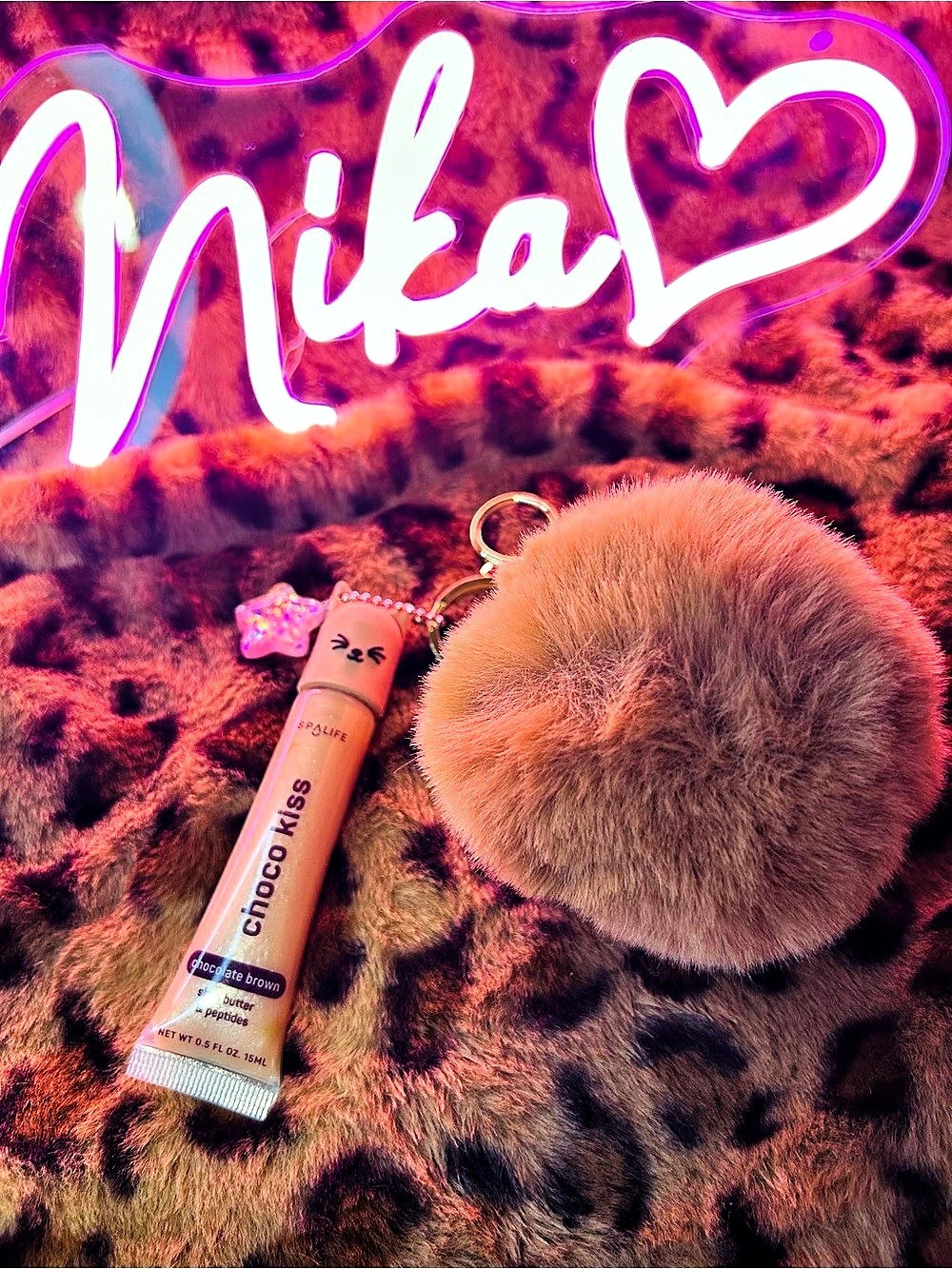 Fluffy Pom-Pom Keychain & Spa Life Choco Kiss Lip Gloss Set